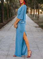 Sheath/Column V-Neck Half Sleeves Floor-Length Mother of the Bride Dresses with Split Front by Dreamylily