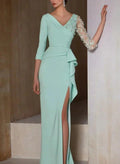Sheath/Column V-Neck 3/4 Sleeves Floor-Length Mother of the Bride Dresses with Appliques by Dreamylily