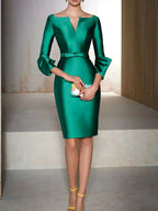Sheath/Column V-Neck 3/4 Sleeves Knee-Length Mother of the Bride Dresses with Sash by Dreamylily