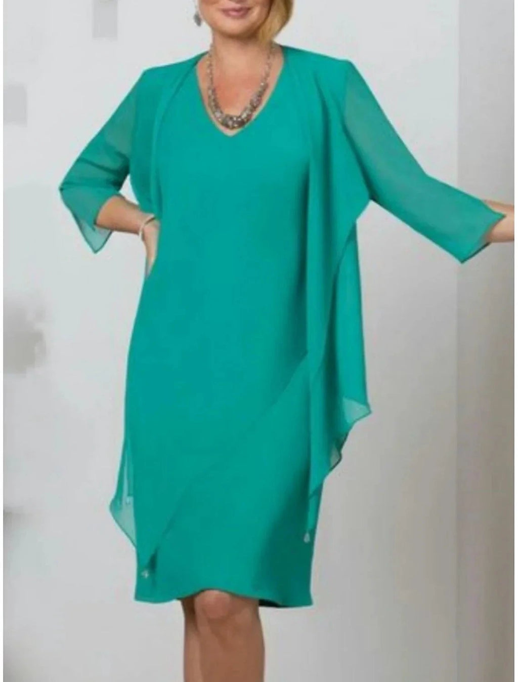 Sheath/Column V Neck 3/4 Length Sleeves Knee-Length 2 Pieces Mother of the Bride Dresses by Dreamylily