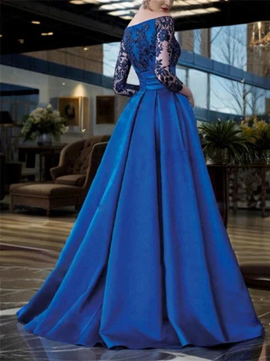Vestidos de Mãe da Noiva Linha A/Princesa com Decote Ombro a Ombro, Mangas 3/4 e Comprimento até ao Chão