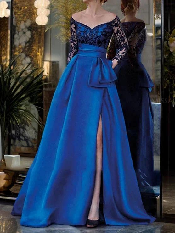 Vestidos de Mãe da Noiva Linha A/Princesa com Decote Ombro a Ombro, Mangas 3/4 e Comprimento até ao Chão