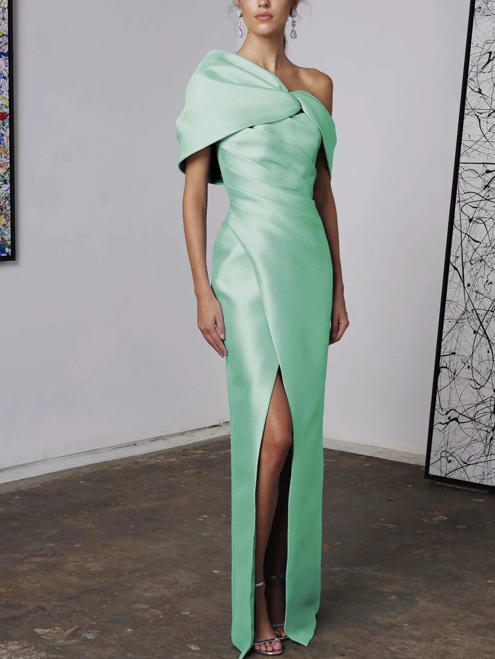 A-Line/Princess One-Shoulder Half Sleeves Floor-Length Mother of the Bride Dresses with Ruffles by Dreamylily