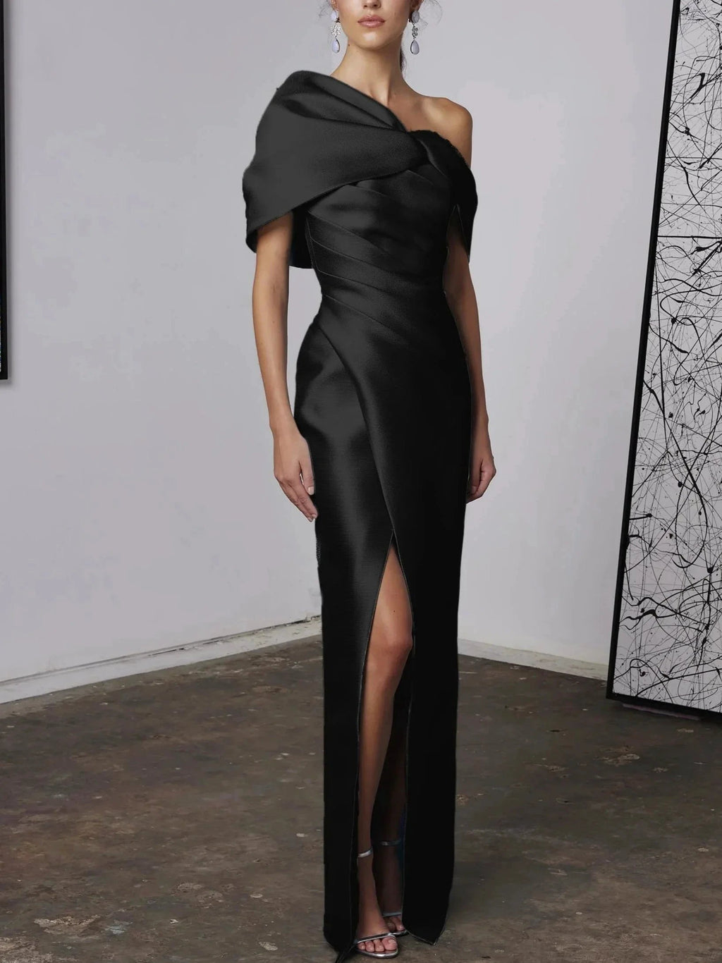 A-Line/Princess One-Shoulder Half Sleeves Floor-Length Mother of the Bride Dresses with Ruffles by Dreamylily