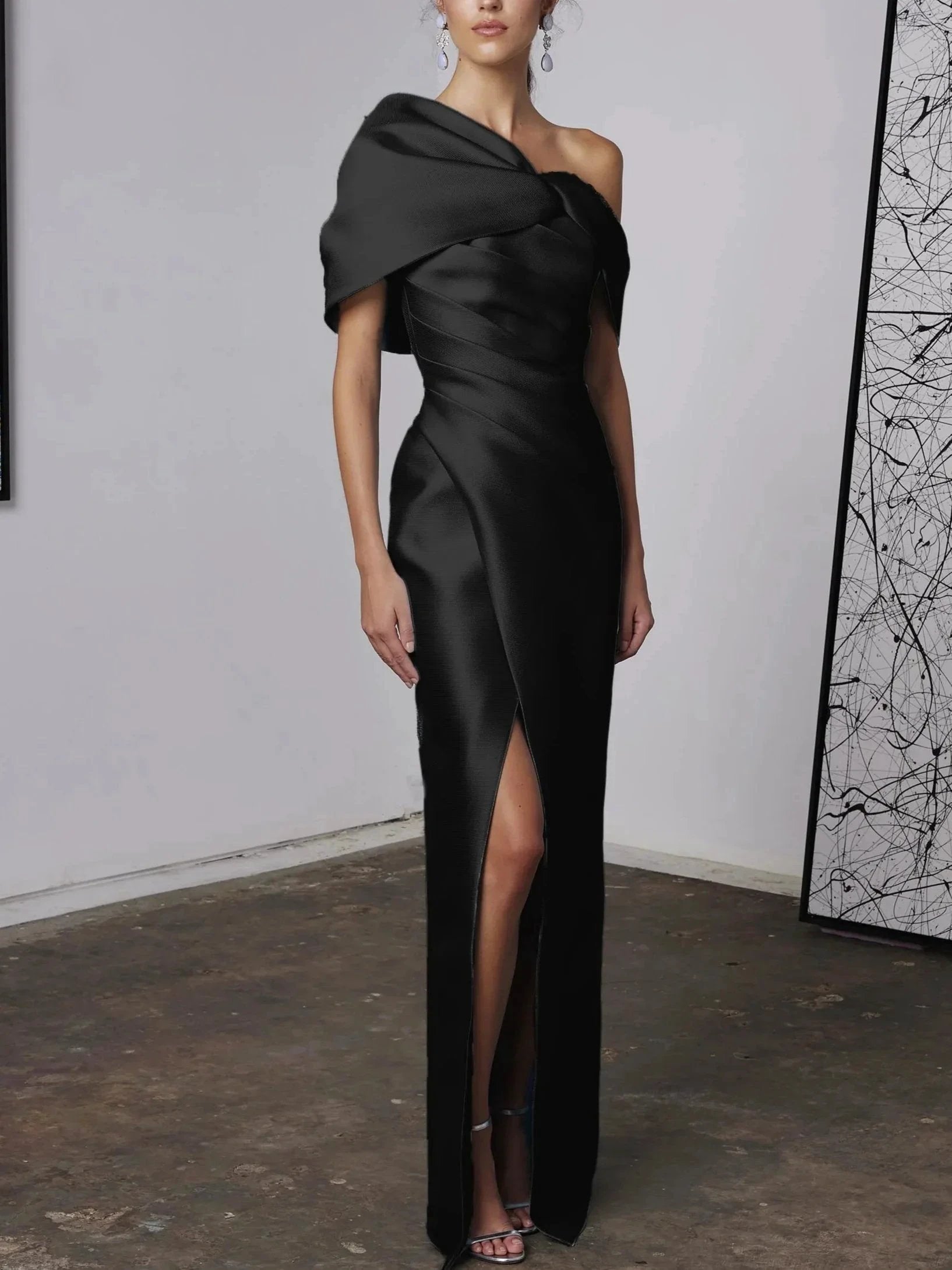 A-Line/Princess One-Shoulder Half Sleeves Floor-Length Mother of the Bride Dresses with Ruffles by Dreamylily