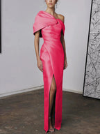 A-Line/Princess One-Shoulder Half Sleeves Floor-Length Mother of the Bride Dresses with Ruffles by Dreamylily