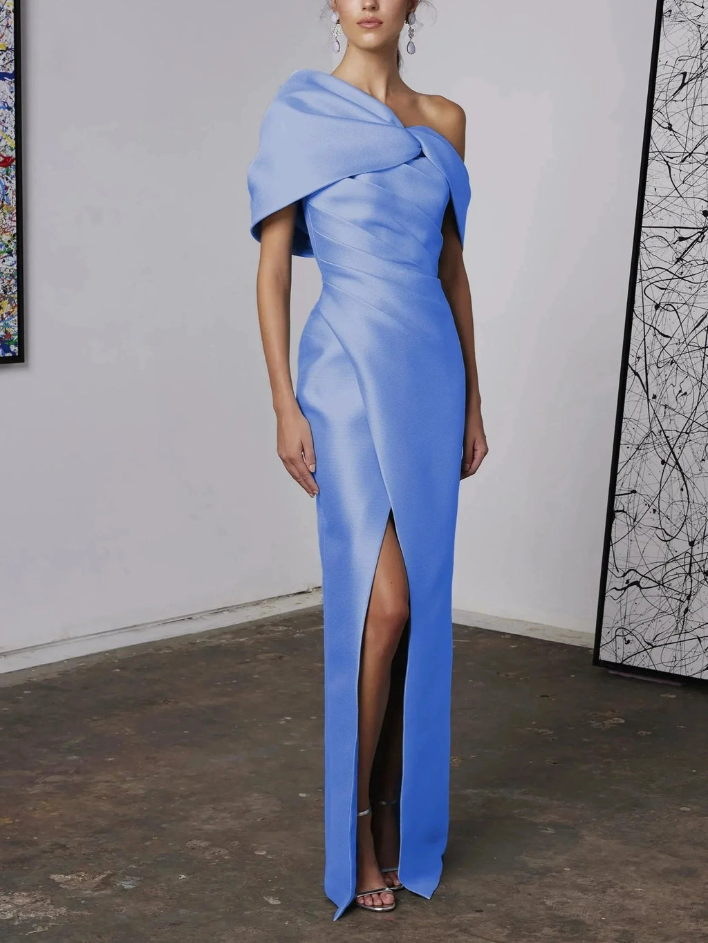 A-Line/Princess One-Shoulder Half Sleeves Floor-Length Mother of the Bride Dresses with Ruffles by Dreamylily