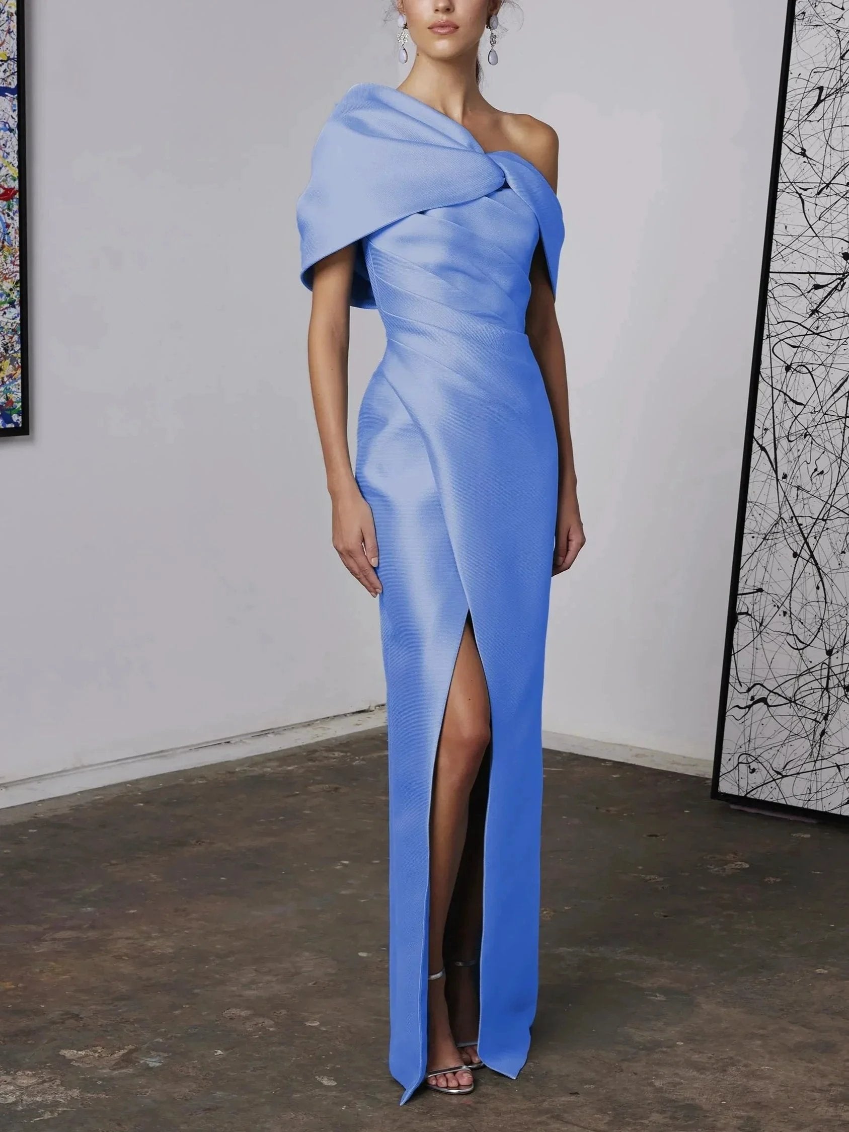 A-Line/Princess One-Shoulder Half Sleeves Floor-Length Mother of the Bride Dresses with Ruffles by Dreamylily