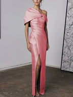 A-Line/Princess One-Shoulder Half Sleeves Floor-Length Mother of the Bride Dresses with Ruffles by Dreamylily