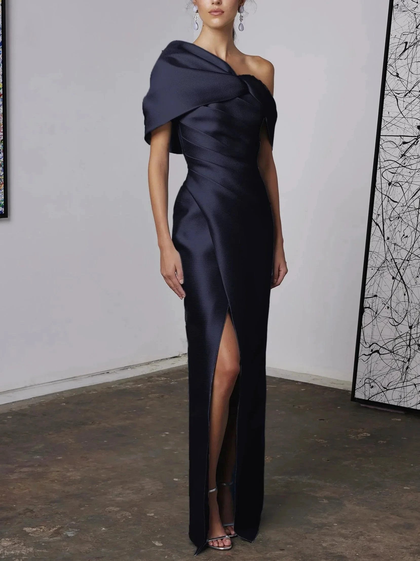 A-Line/Princess One-Shoulder Half Sleeves Floor-Length Mother of the Bride Dresses with Ruffles by Dreamylily