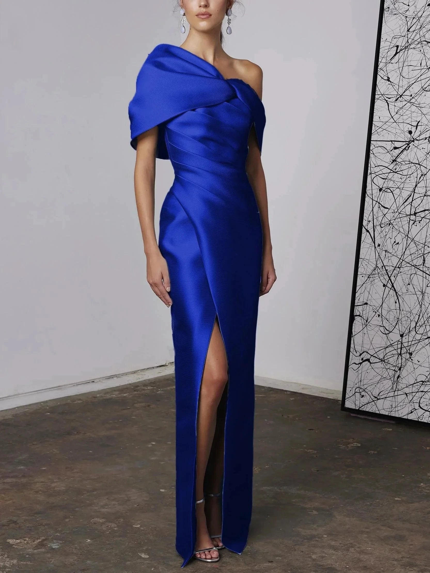 A-Line/Princess One-Shoulder Half Sleeves Floor-Length Mother of the Bride Dresses with Ruffles by Dreamylily