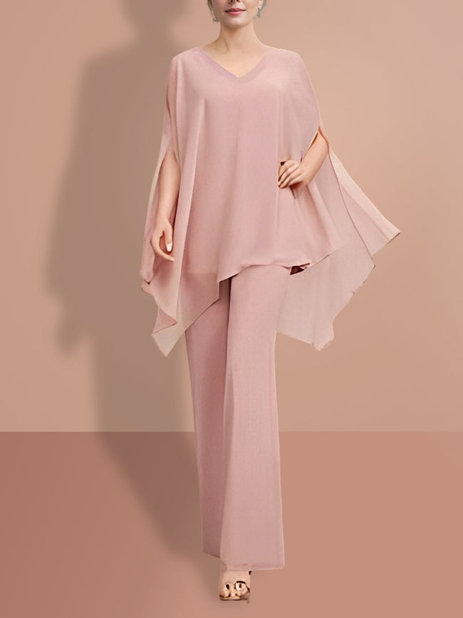 Chiffon half Sleeves V-Neck Mother of the Bride Pantsuits Hover Image