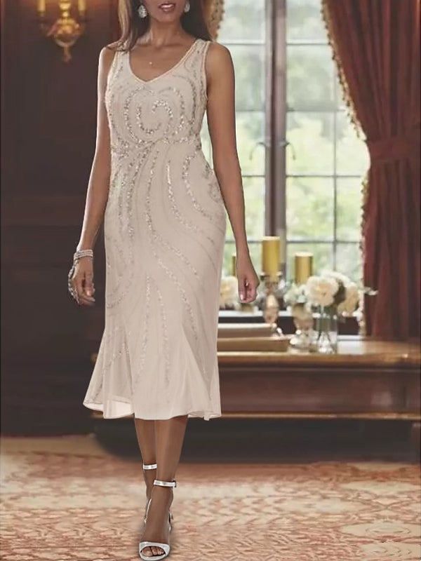 Chiffon V-Ausschnitt 2-teiliges Brautmutterkleid mit Jacke und Pailletten  Main Image