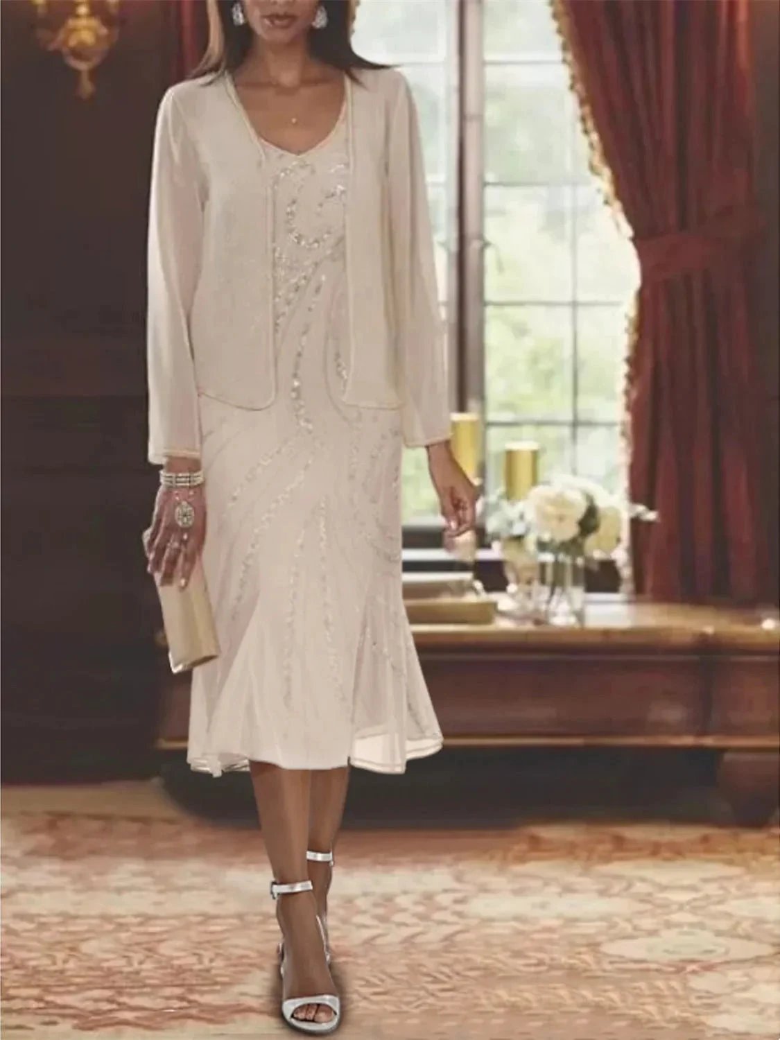Chiffon V-Neck 2 Pieces Mother of the Bride Dresses with Jacket & Sequins by Dreamylily