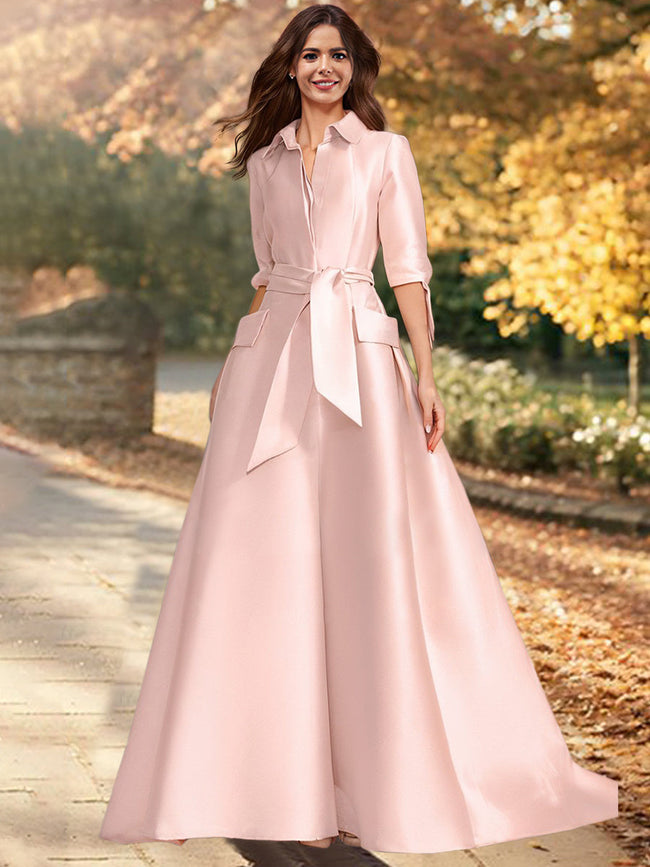 A-Line/Princess V-Neck 1/2 Sleeves Floor-Length Mother of the Bride Dresses with Sash Hover Image