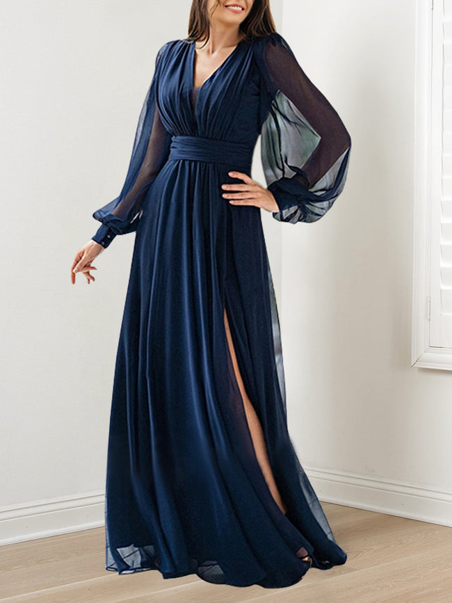 A-Line/Princess V-Neck Long Sleeves Floor-Length Mother of the Bride Dresses Hover Image