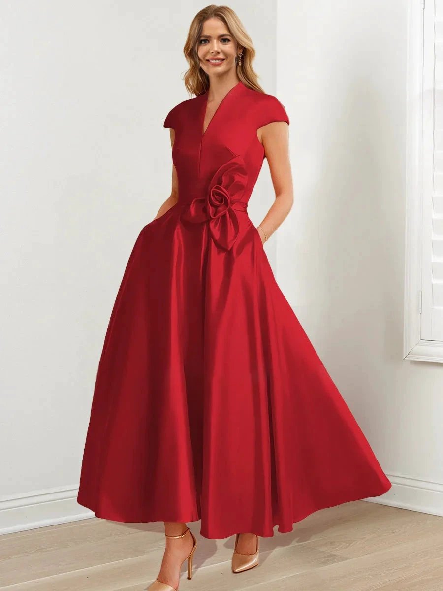A-Line/Princess V Neck Short Sleeves Ankle-Length Mother of the Bride Dresses by Dreamylily