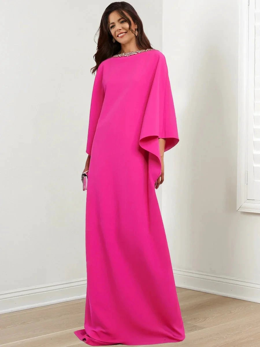 Sheath/Column Scoop Neck 3/4 Sleeves Floor-Length Mother of the Bride Dresses with Rhinestone by Dreamylily