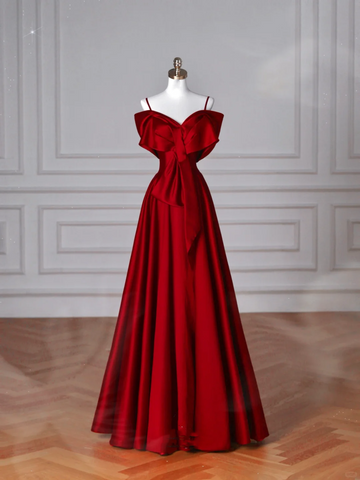 Red Satin Off The Shoulder Prom Dress Bow A Line Evening Dress Y8626