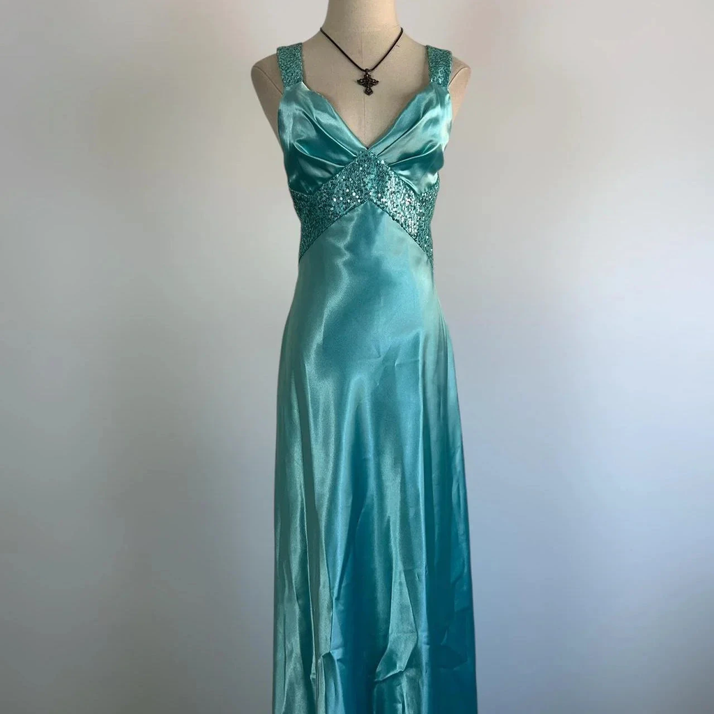 Blue V Neck Satin Sequin Formal Prom Dress Backless Evening Dress Y8548 by simplepromdress