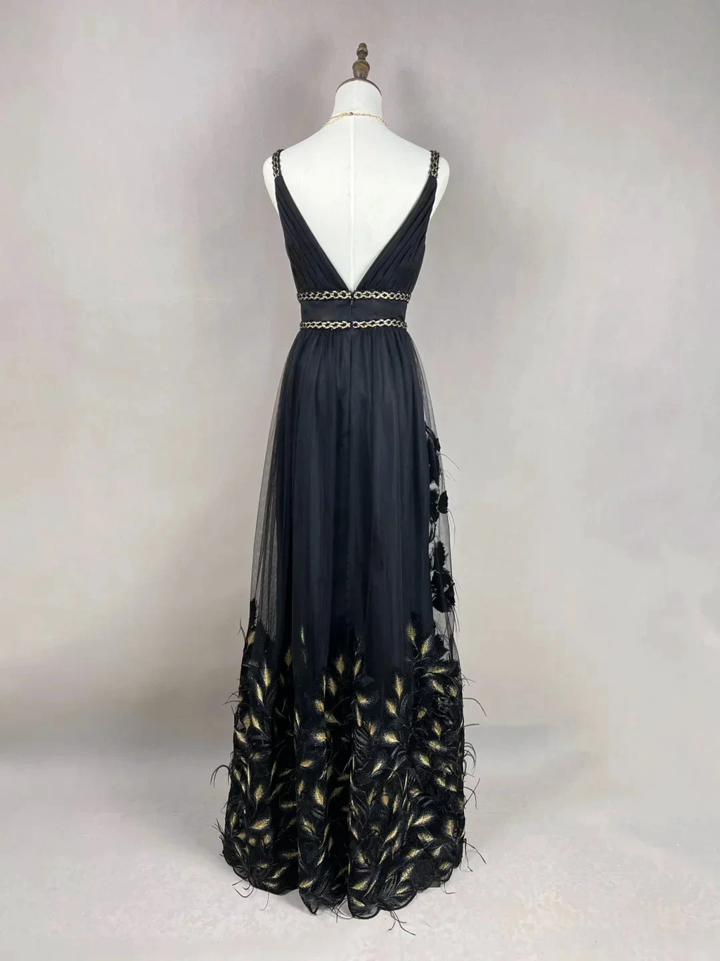 Gorgeous Black Tulle Gold Silk Feathers A Line Prom Dress Formal Evening Dress Y8652 by simplepromdress
