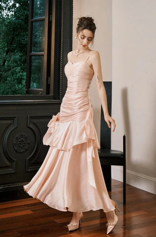 Sweet Pink Sweetheart Straps Mermaid Evening Dress Satin Long Prom Dress Y8092
