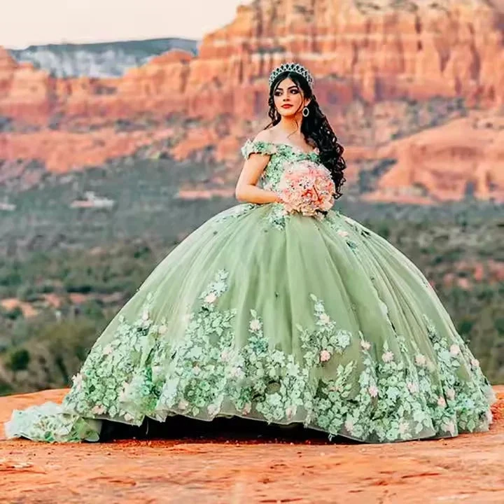 Light Sage Green Quinceanera Dresses Sweet 16 Pageant Floral Ball Gown Y2063 by simplepromdress