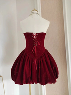 Cute A Line Strapless Burgundy Velvet Ruffles Homecoming Dress Y7972 by simplepromdress