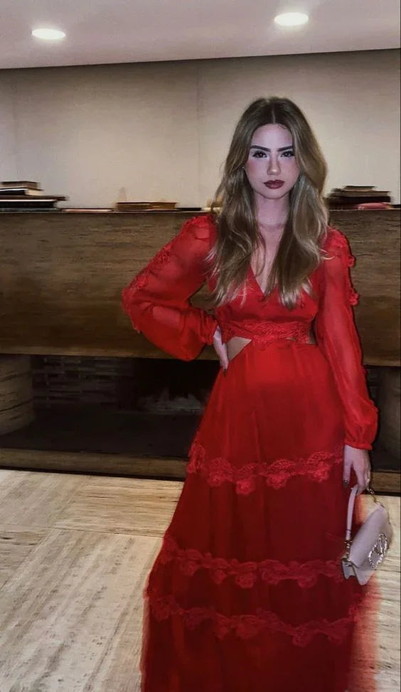 Red Long Sleeves A-line Prom Dress Red Evening Dress Y6141 by simplepromdress