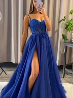 A-line Spaghetti Straps Dark Blue Long Evening Dress with Slit Y5993 by simplepromdress