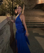 Blue Halter Slit Satin Evening Dress Formal Prom Dress Y7863 by simplepromdress