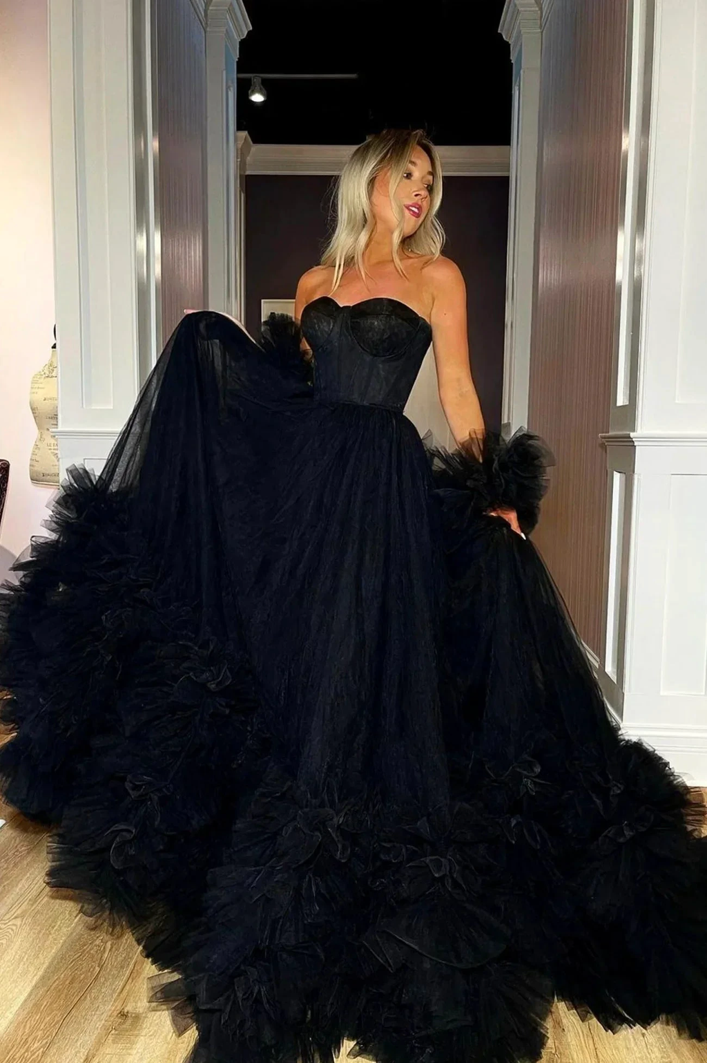 Black Strapless Tulle Long Ball Gown, A-Line Evening Dress Y1797 by simplepromdress