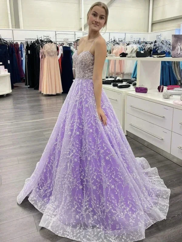 Sweetheart Neck Open Back Purple Lace Long Prom Dresses, Purple Lace Formal Dresses, Purple Evening Dresses Y1730 by simplepromdress