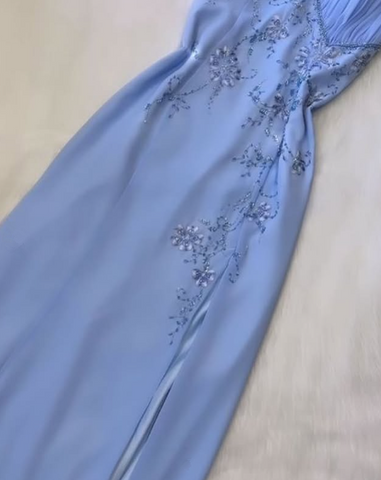 Vestido de fiesta azul largo con cuello halter y corte A, elegante vestido de noche formal con cuentas Y7562