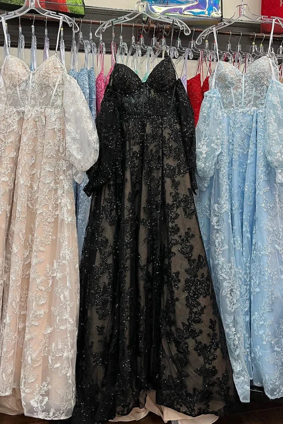 Sparkle Princess Bustier Puff Sleeve Lace Long Prom Dress Detachable Sleeves Evening Dress Y1805 by simplepromdress