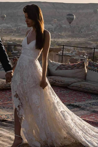 Charming Ivory Boho Lace Bohemian Long Beach Wedding Dresses Bridal Dress MW263