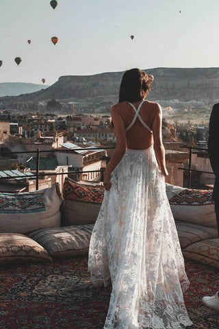 Charming Ivory Boho Lace Bohemian Long Beach Wedding Dresses Bridal Dress MW263