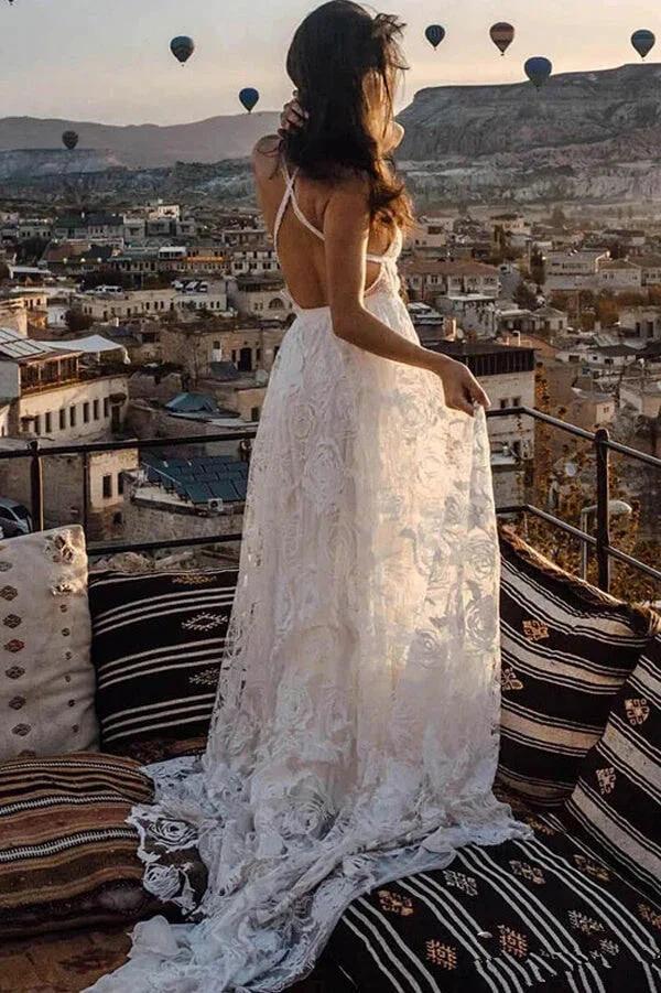 Charming Ivory Boho Lace Bohemian Long Beach Wedding Dresses Bridal Dress MW263 by Musebridals
