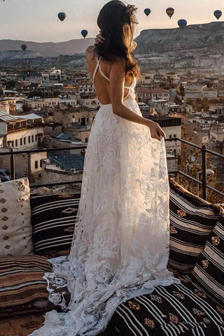 Charming Ivory Boho Lace Bohemian Long Beach Wedding Dresses Bridal Dress MW263