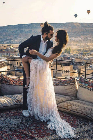 Charming Ivory Boho Lace Bohemian Long Beach Wedding Dresses Bridal Dress MW263