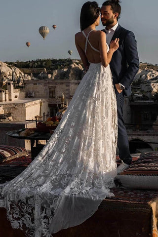 Charming Ivory Boho Lace Bohemian Long Beach Wedding Dresses Bridal Dress MW263
