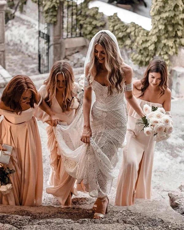 Sweetheart Neck Lace Beach Ivory Rustic Boho Wedding Dresses MW267 by Musebridals