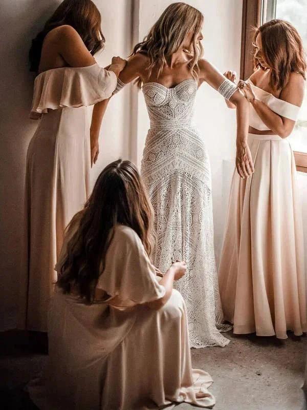 Sweetheart Neck Lace Beach Ivory Rustic Boho Wedding Dresses MW267 by Musebridals