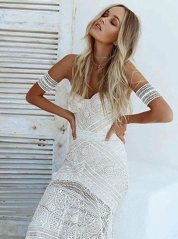 Sweetheart Neck Lace Beach Ivory Rustic Boho Wedding Dresses MW267 by Musebridals