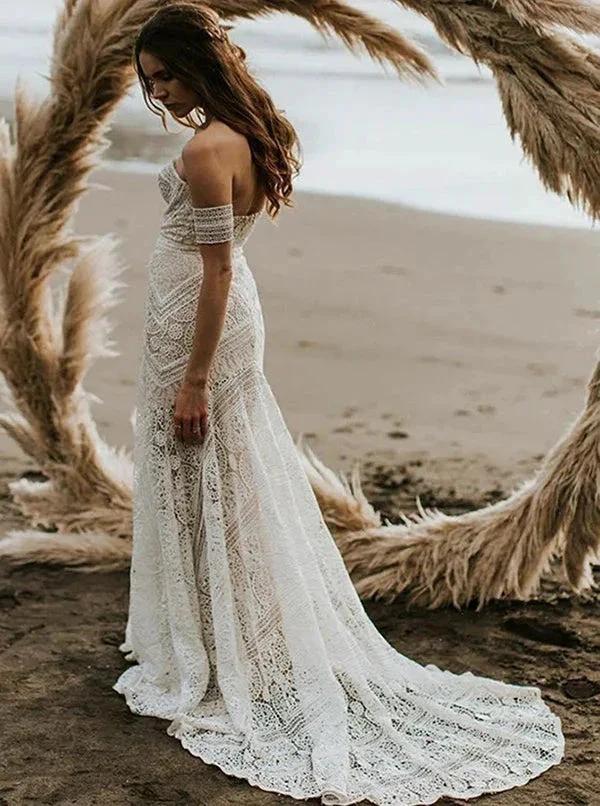 Sweetheart Neck Lace Beach Ivory Rustic Boho Wedding Dresses MW267 by Musebridals