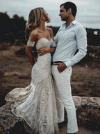 Sweetheart Neck Lace Beach Ivory Rustic Boho Wedding Dresses MW267 by Musebridals