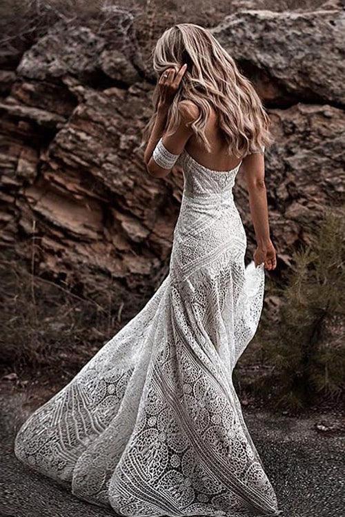 Sweetheart Neck Lace Beach Ivory Rustic Boho Wedding Dresses MW267 by Musebridals