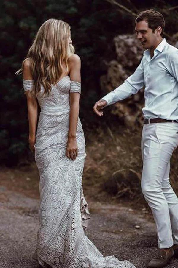 Sweetheart Neck Lace Beach Ivory Rustic Boho Wedding Dresses MW267 by Musebridals