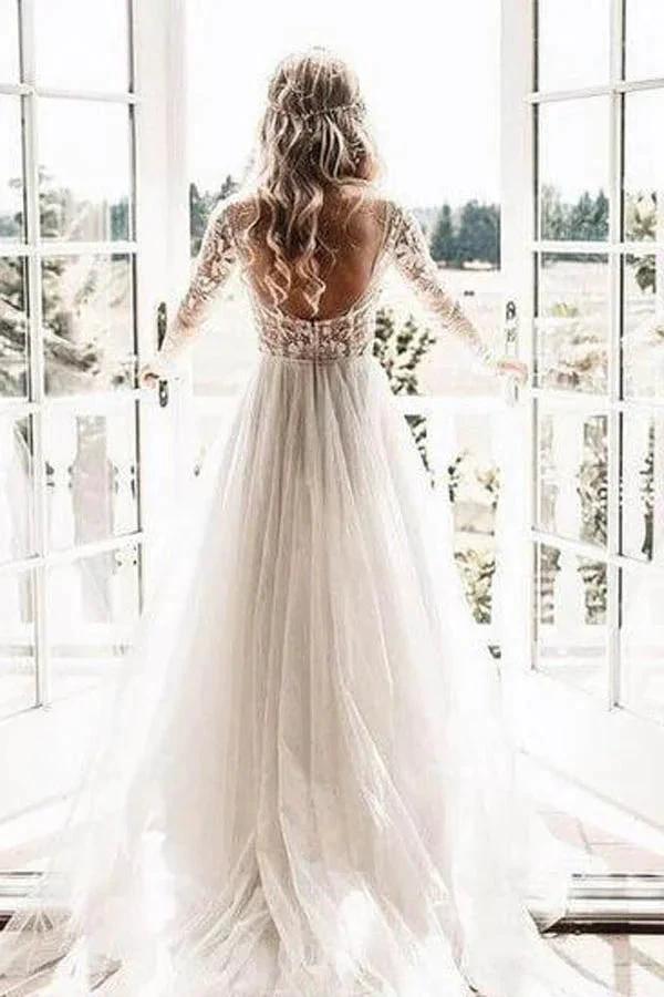 See Through Beaded Floral Lace Long Sleeve Boho Wedding Dresses MW269 by Musebridals