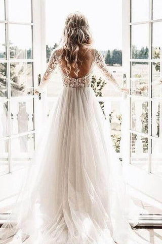 See Through Beaded Floral Lace Long Sleeve Boho Wedding Dresses MW269